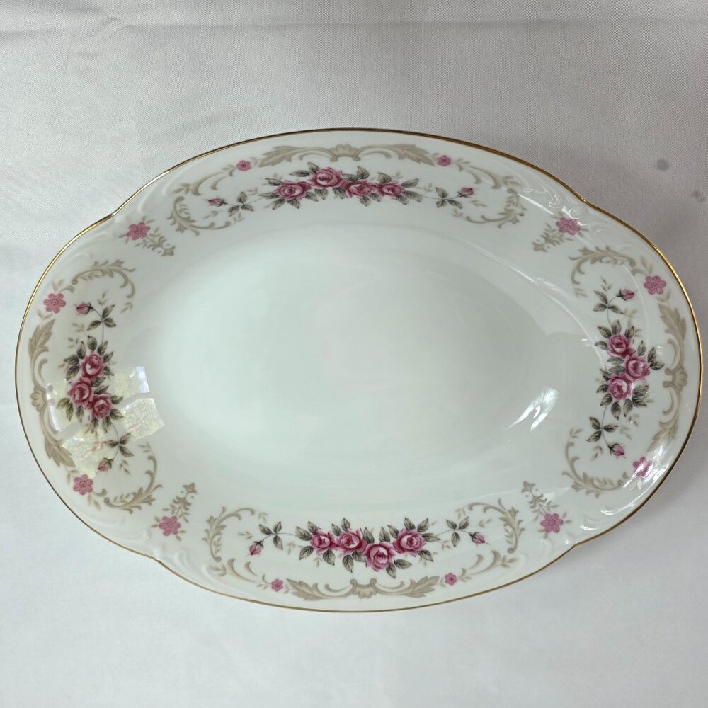 Harmony House Cascade 10 Inch Oval Serving Bowl White Pink Flowers Gray Leaves